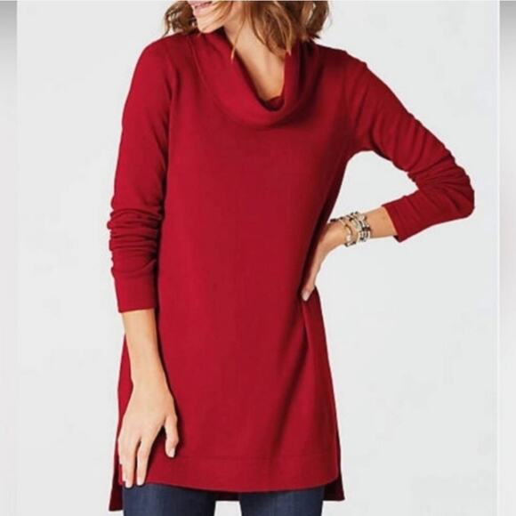 J. JILL Red Pima Cowl Neck Tunic Pima Slub Cotton Christmas Size XL - Picture 1 of 11